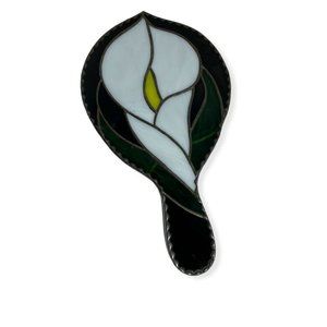 Vintage Stained Glass Hand Vanity Mirror Tulip green yellow Calla lily Black